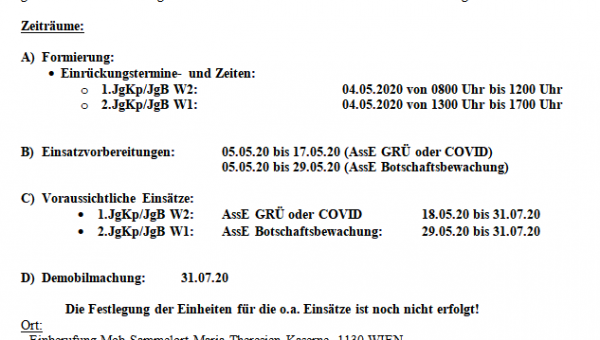 Vorausinformation zu Teilmobilmachung und Einsatzpräsenzdienst 04. Mai 2020